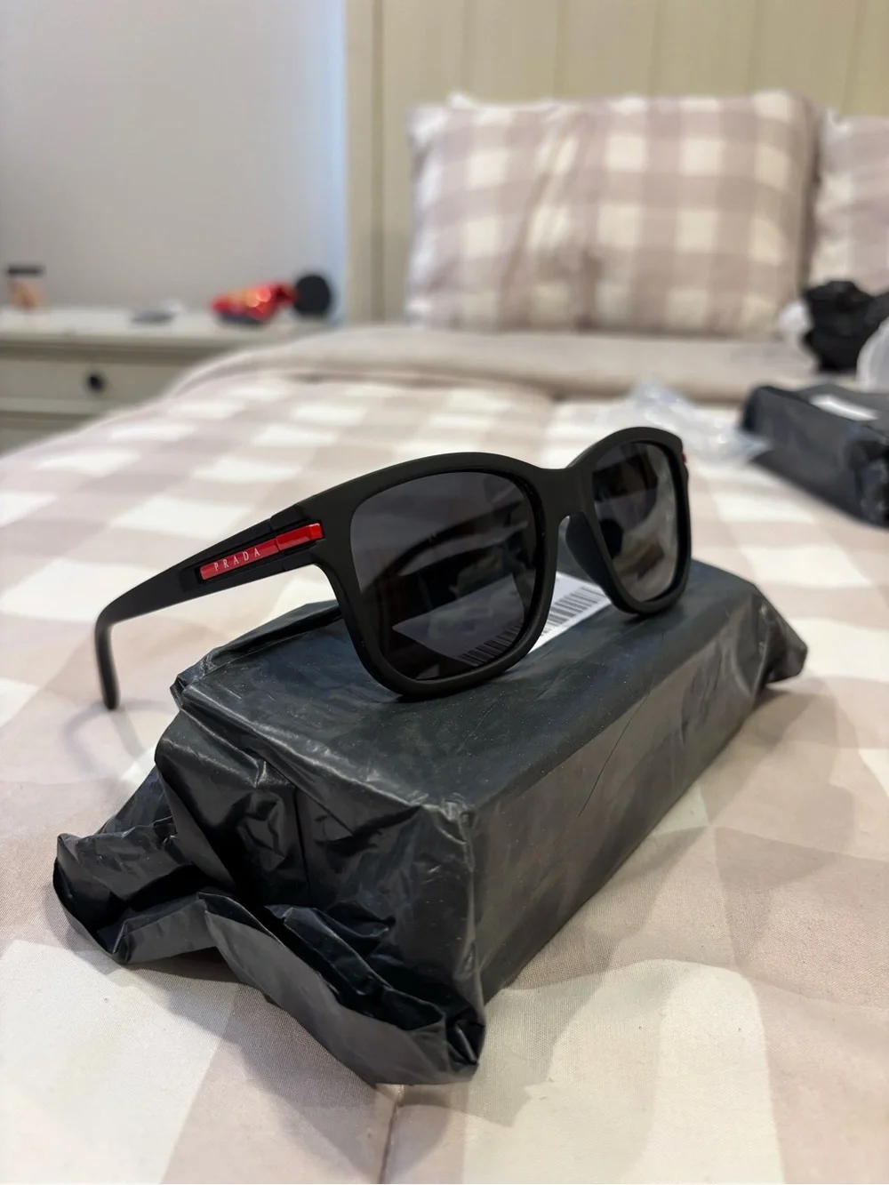 Prada Linea Rossa Black Rectangle Sunglasses Red Logo